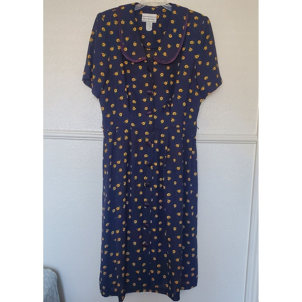 Vintage August Max Woman Dress Navy Blue Sunflowers 90s Modest Women's Size 16